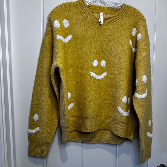 Dreamers By Debut Sweaters - Cozy Mustard Smiley Face Sweater